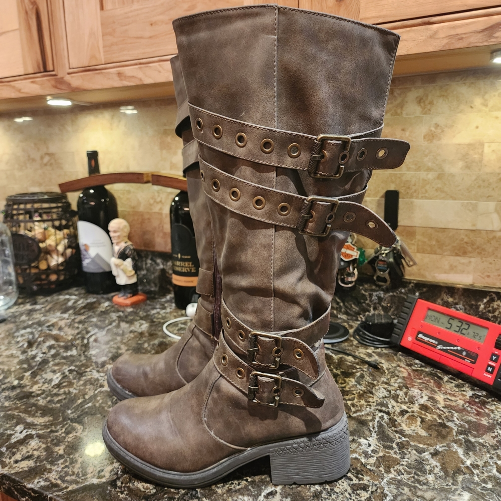 Brown Buckle Knee-High Boots